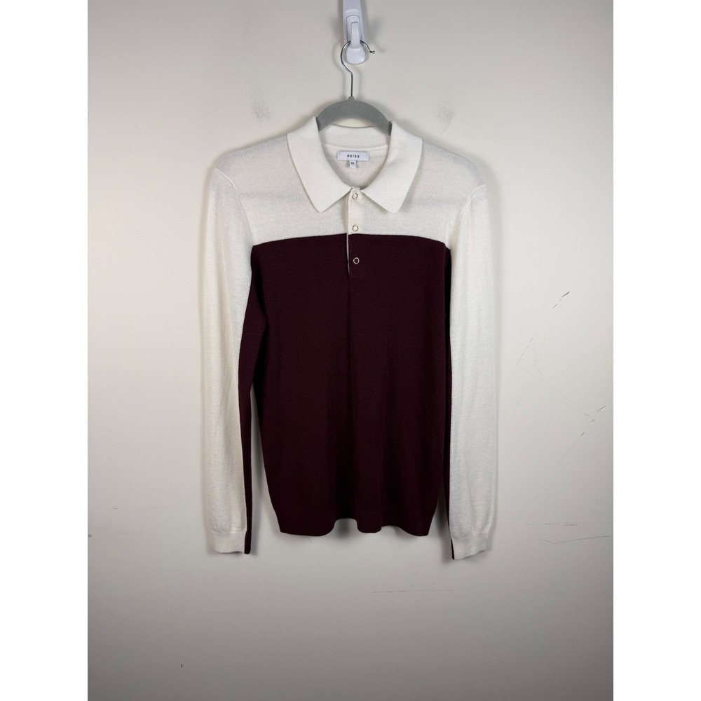 Reiss Ruffano Colorblock Knit Polo Shirt XS Burgundy Cream Long Sleeve Wool